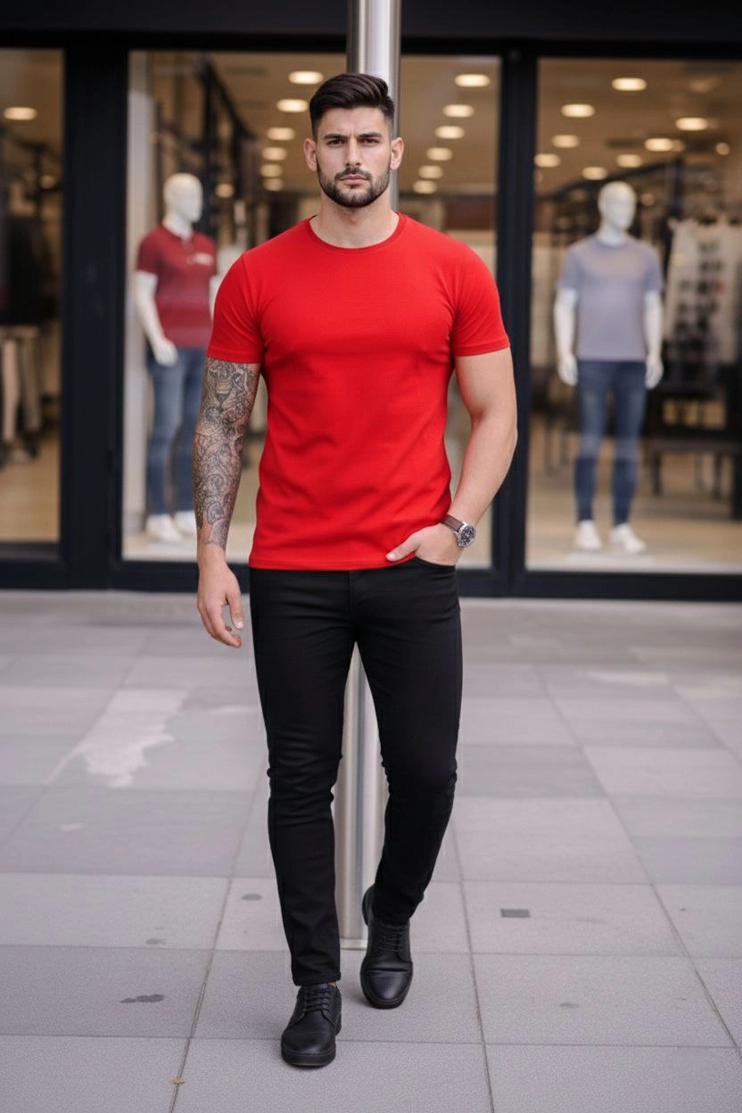 Erkek Body Tişört Bisiklet Yaka Slim Fit Likralı T-Shirt - Kırmızı