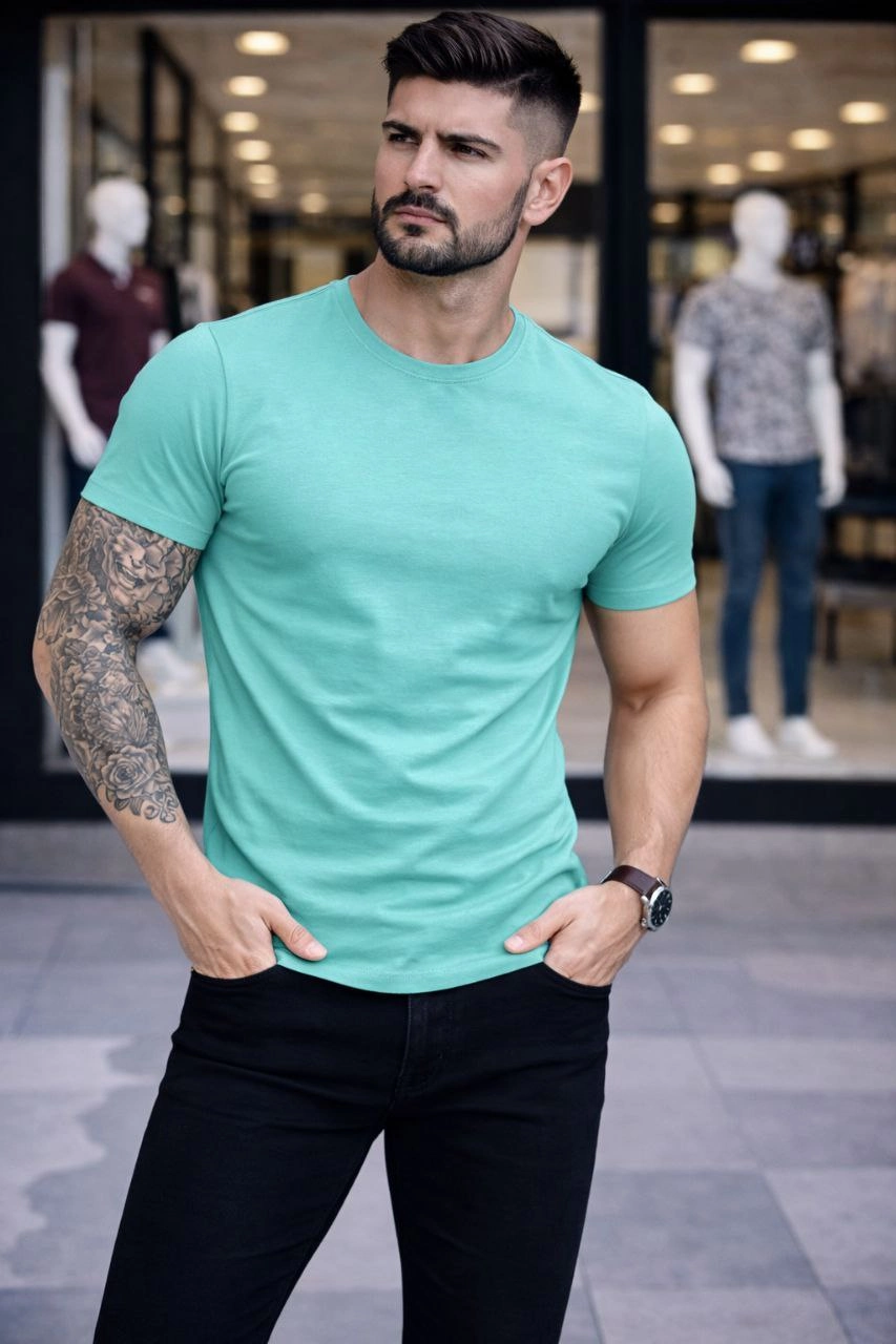 Erkek Body Tişört Bisiklet Yaka Slim Fit Likralı T-Shirt - Turkuvaz