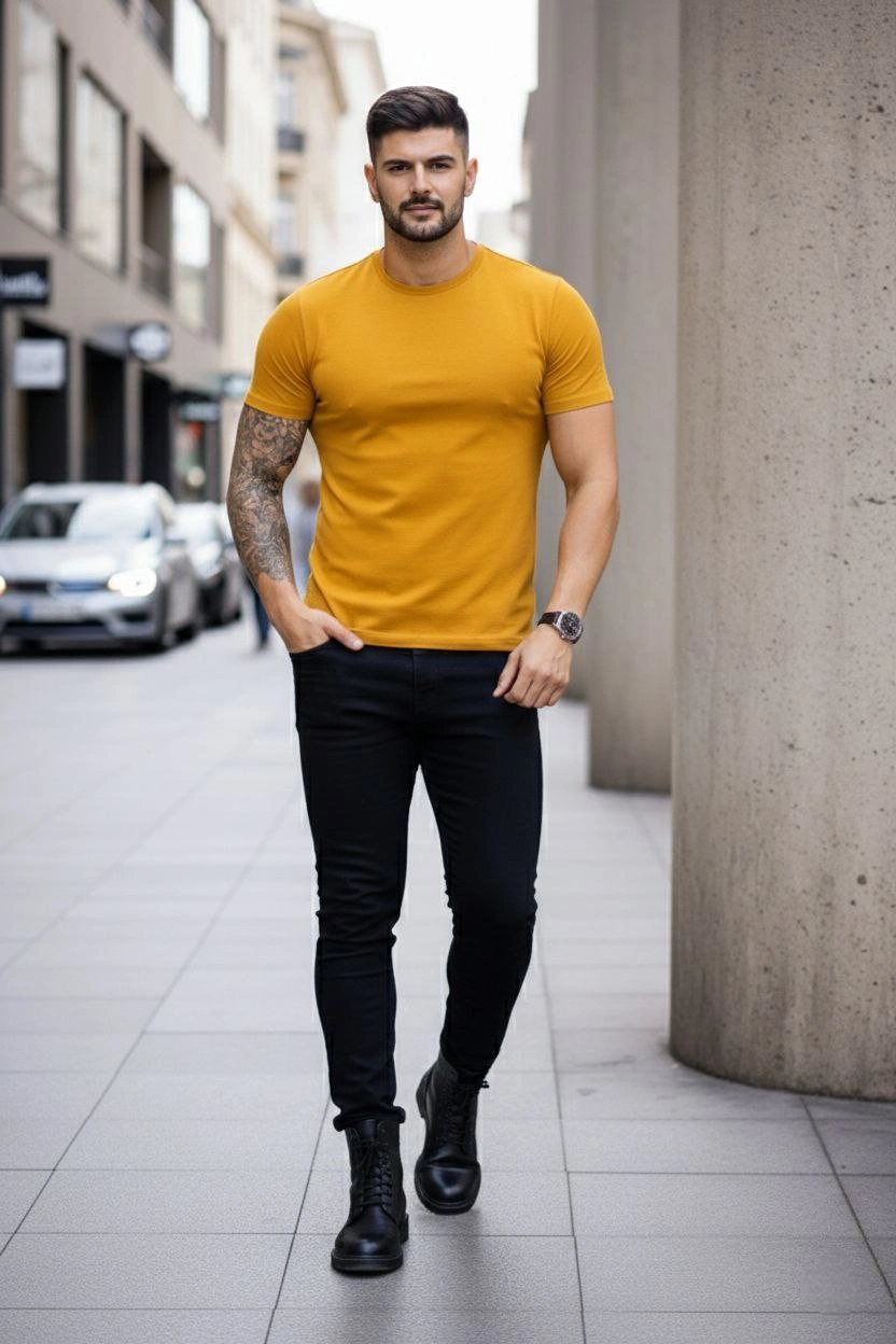 Erkek Body Tişört Bisiklet Yaka Slim Fit Likralı T-Shirt - Limon