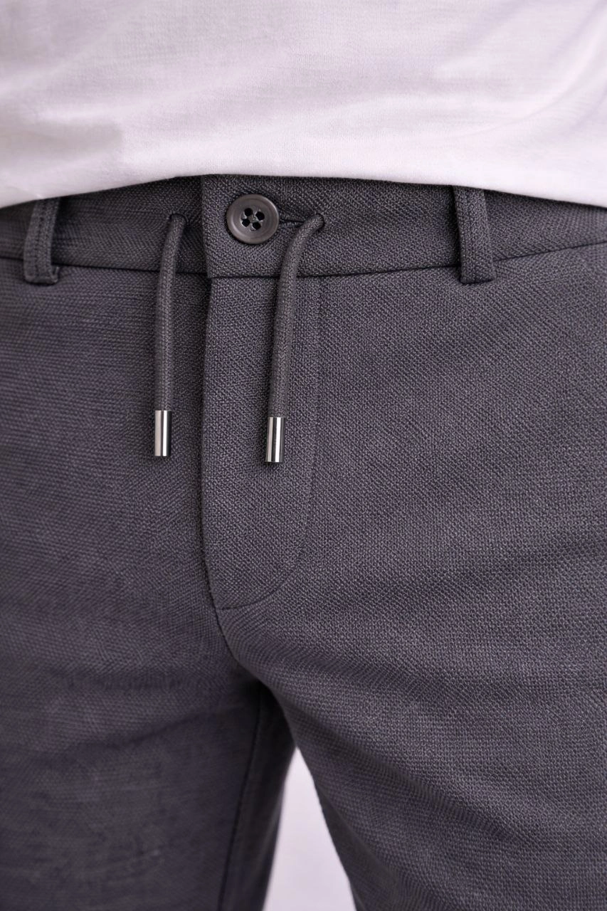Erkek Diagonel Mikro dokulu Duble Paça Cepli Pantolon, Modern Kesim - Füme