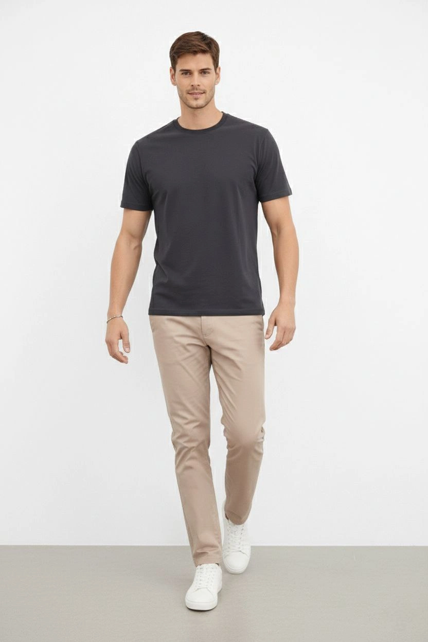 Erkek Bisiklet Yaka Yazlık Kısa kol Düz Tişört Regular Kalıp T-shirt - Füme