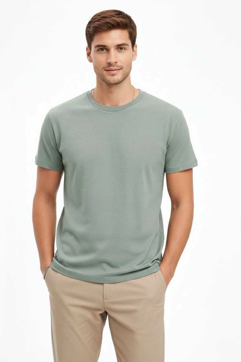 Erkek Bisiklet Yaka Yazlık Kısa kol Düz Tişört Regular Kalıp T-shirt - Mint Yeşili