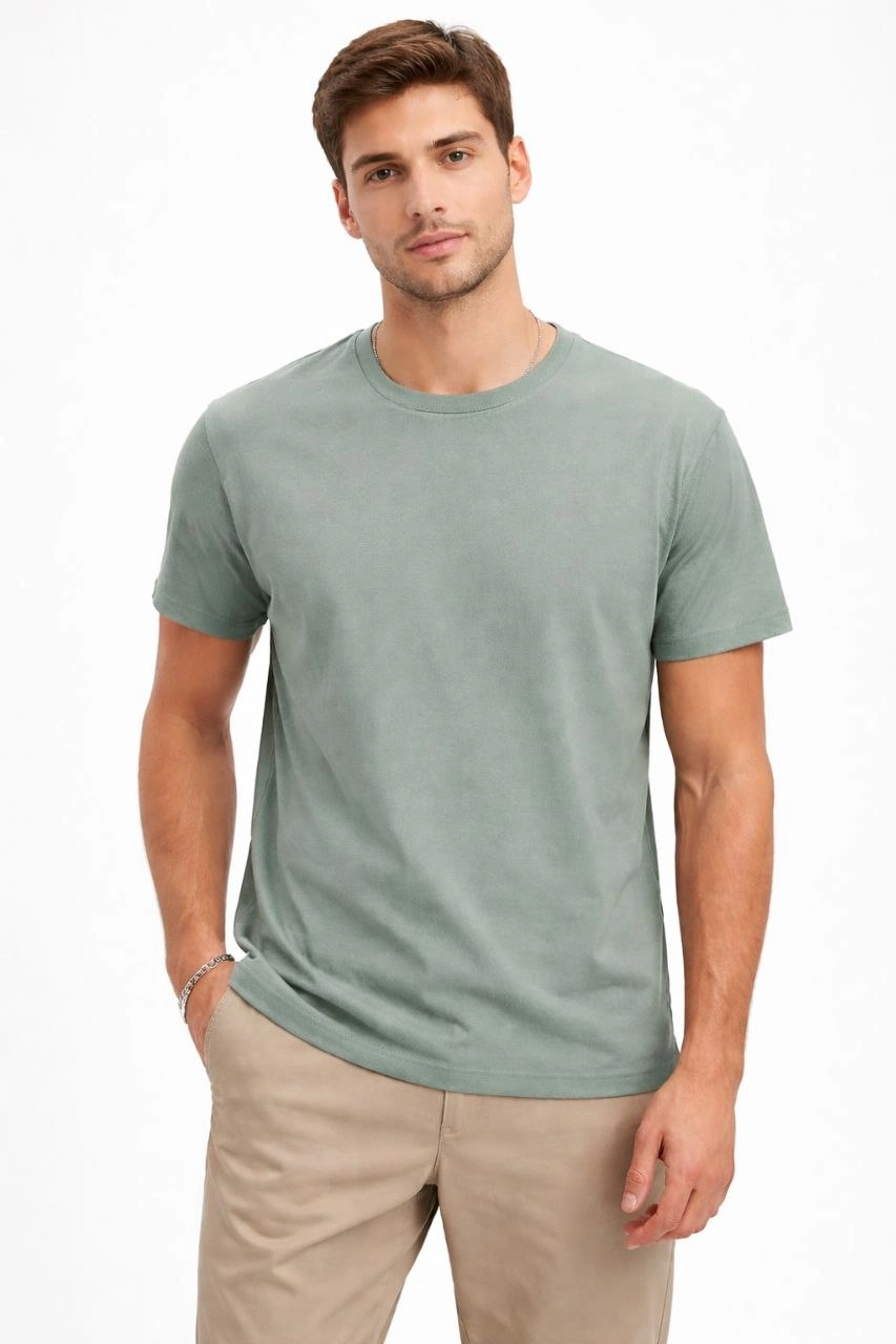 Erkek Bisiklet Yaka Yazlık Kısa kol Düz Tişört Regular Kalıp T-shirt - Mint Yeşili
