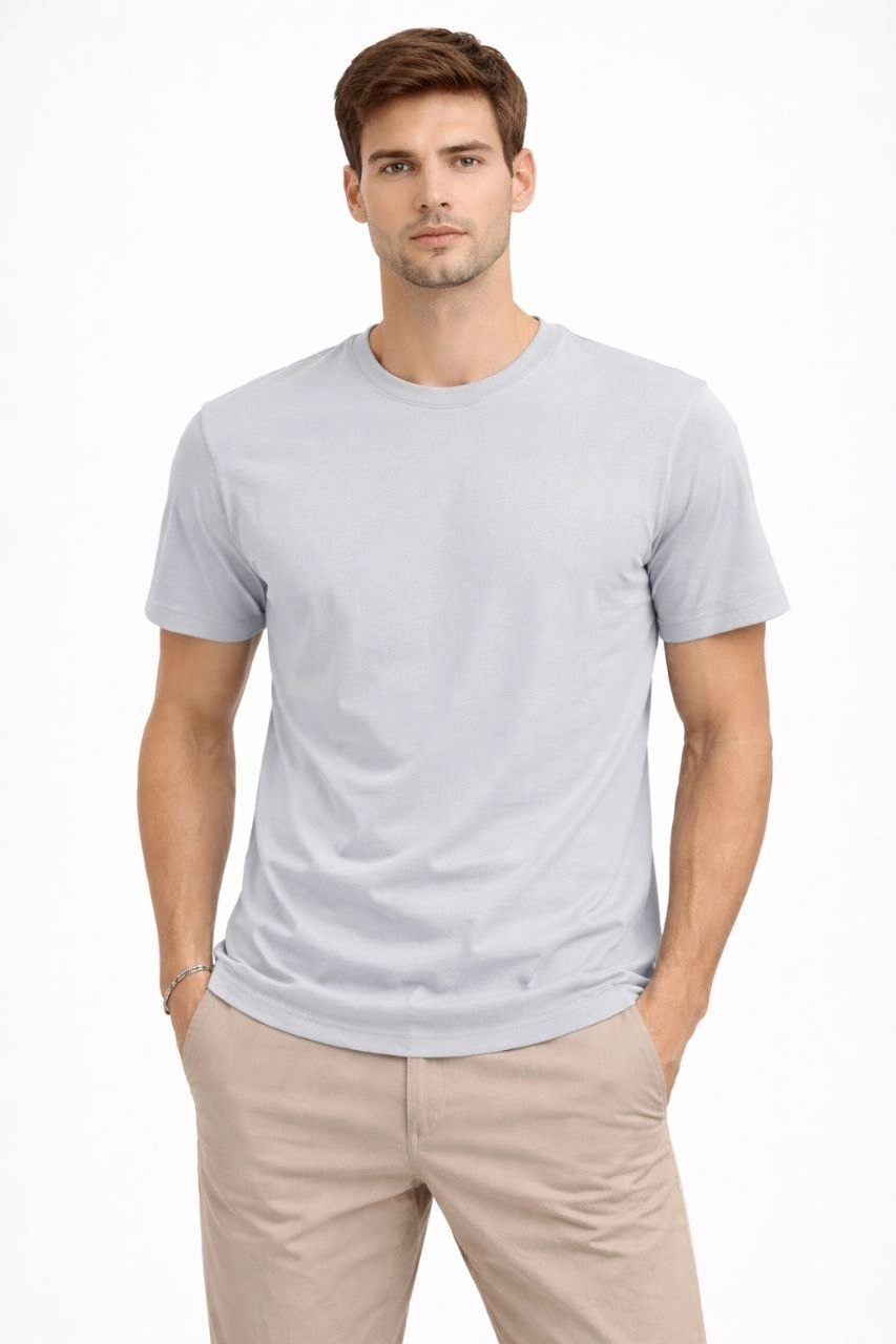 Erkek Bisiklet Yaka Yazlık Kısa kol Düz Tişört Regular Kalıp T-shirt - Gri