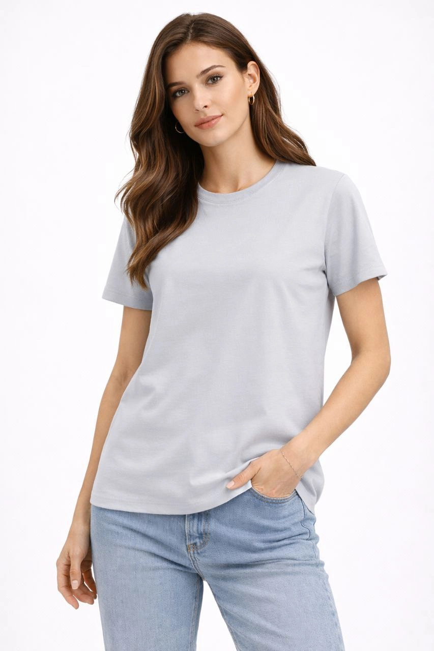 Kadın Bisiklet Yaka Yazlık Kısa kol Düz Tişört Regular Kalıp T-shirt - Gri