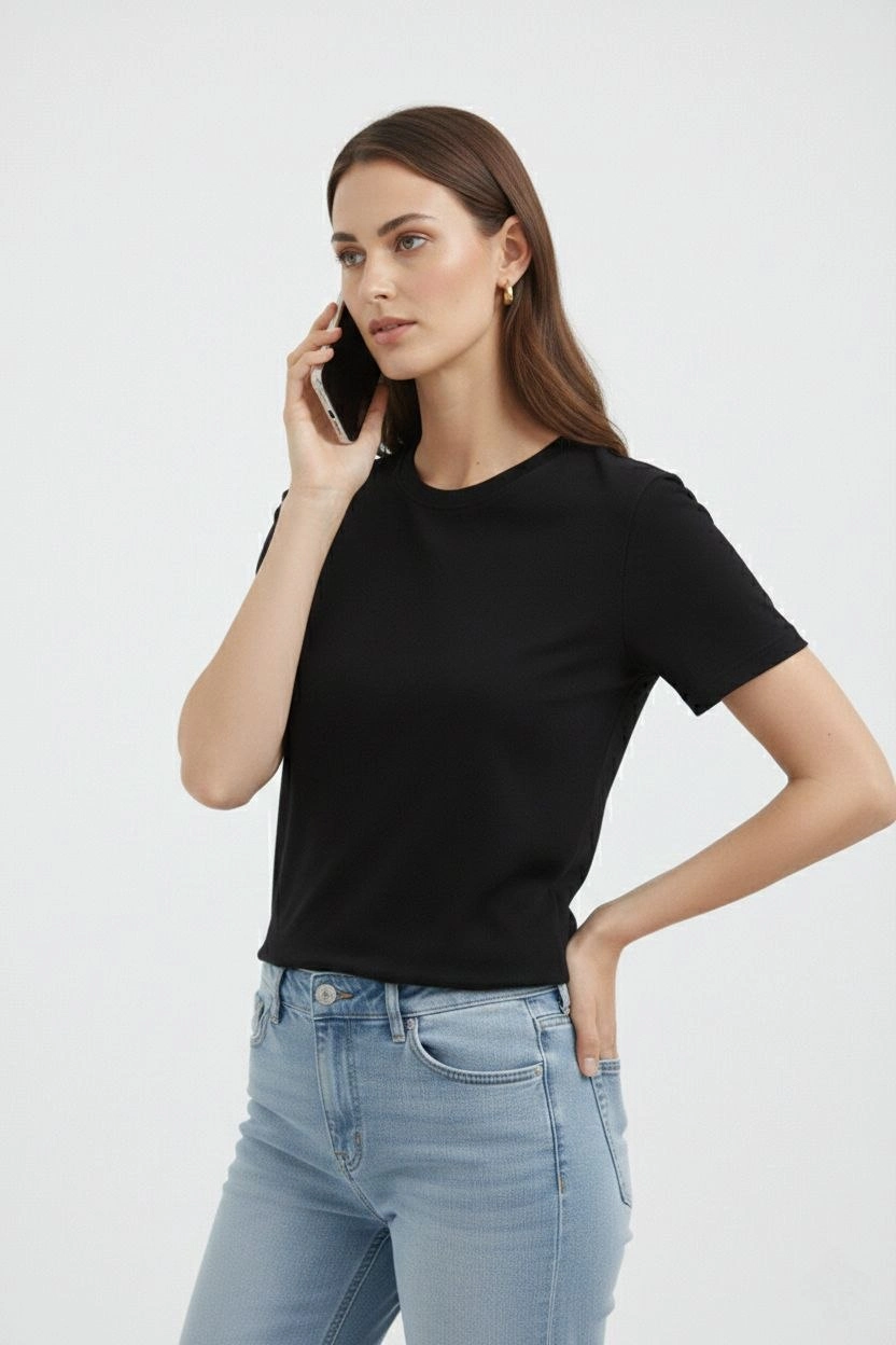 Kadın Bisiklet Yaka Yazlık Kısa kol Düz Tişört Regular Kalıp T-shirt - Siyah