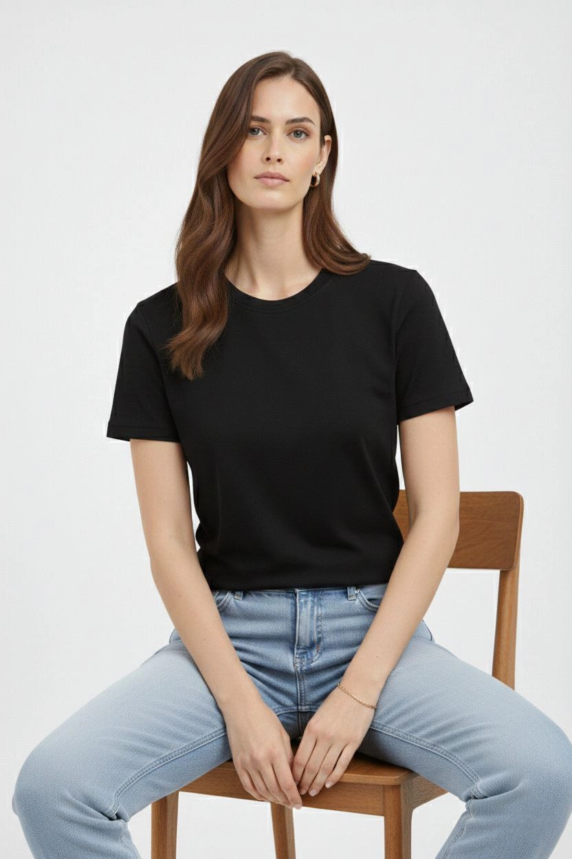 Kadın Bisiklet Yaka Yazlık Kısa kol Düz Tişört Regular Kalıp T-shirt - Siyah