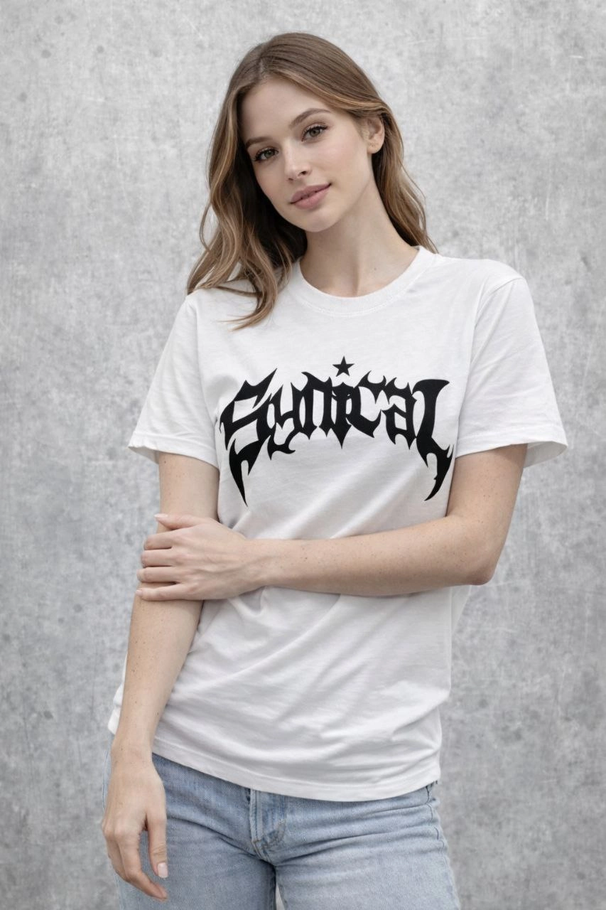 Kadın Kısa Kol Yazlık Tişört Bisiklet Yaka Baskılı Oversize T-Shirt - Beyaz