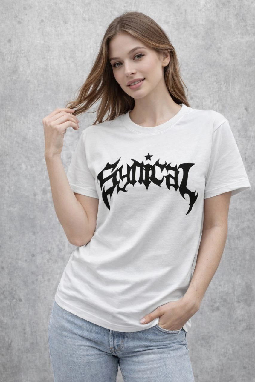 Kadın Kısa Kol Yazlık Tişört Bisiklet Yaka Baskılı Oversize T-Shirt - Beyaz