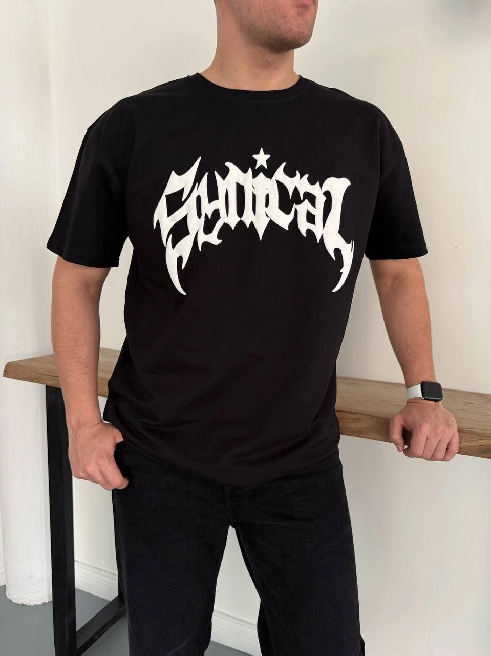 Erkek Kısa Kol Yazlık Tişört Bisiklet Yaka Baskılı Oversize T-Shirt - Siyah