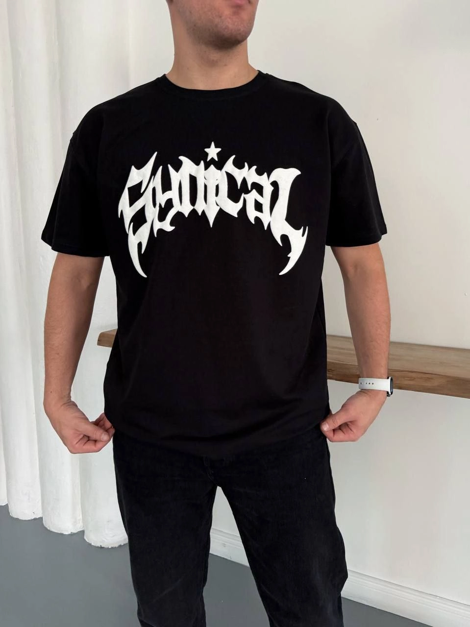 Erkek Kısa Kol Yazlık Tişört Bisiklet Yaka Baskılı Oversize T-Shirt - Siyah