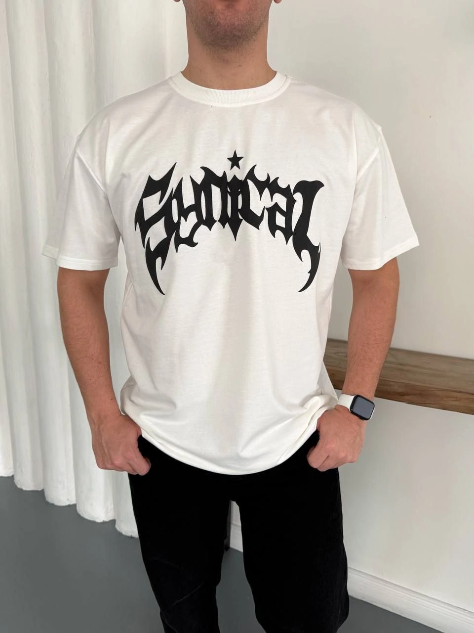 Erkek Kısa Kol Yazlık Tişört Bisiklet Yaka Baskılı Oversize T-Shirt - Beyaz