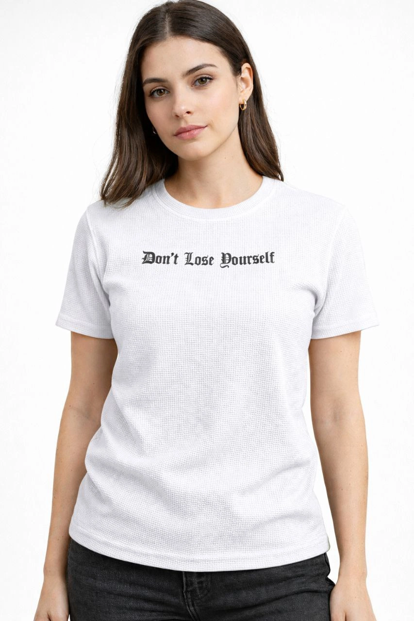 Kadın Wafıl Kumaş Tişört Regular Kalıp Bisiklet Yaka Baskılı T-Shirt - Beyaz