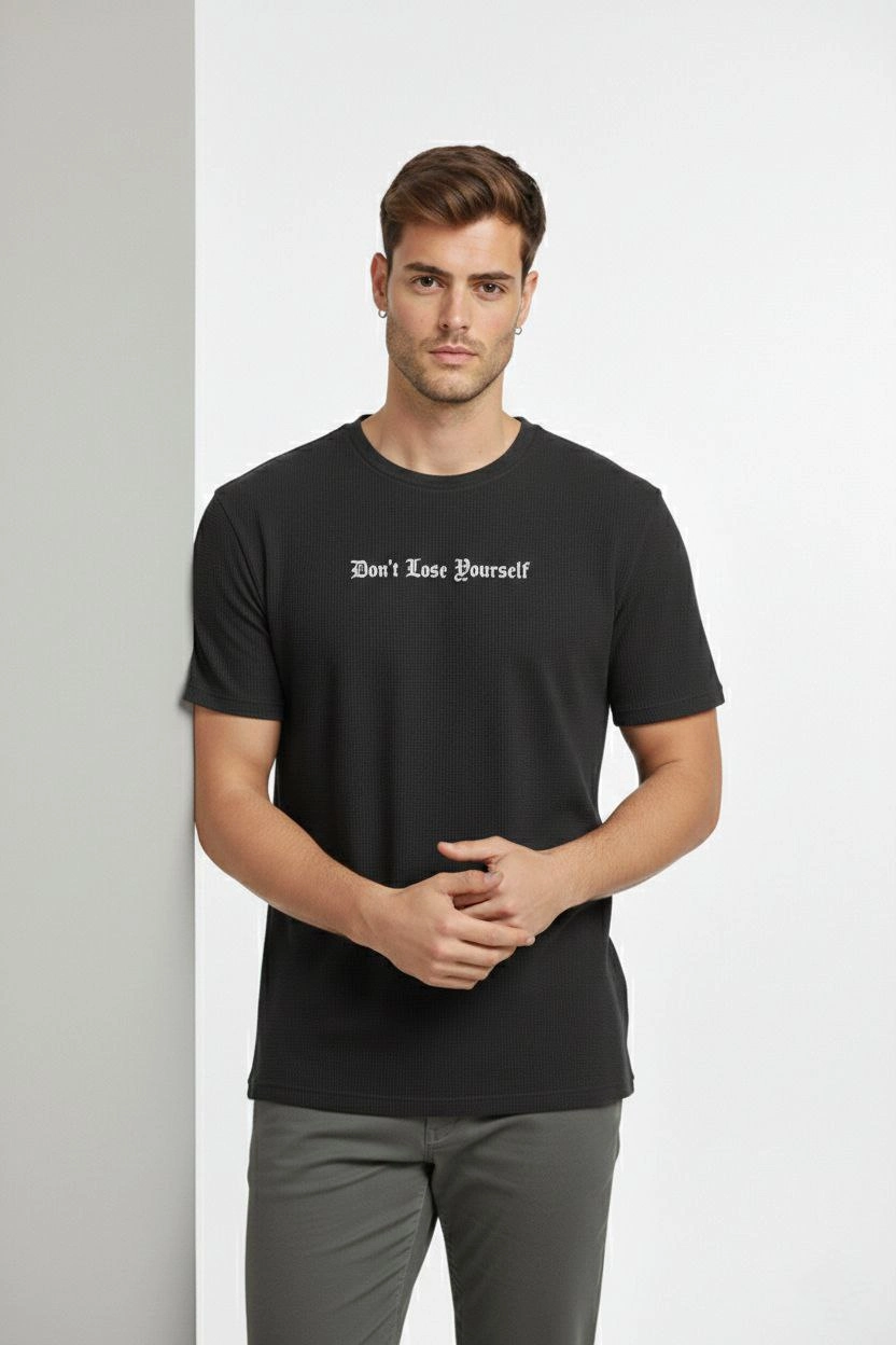 Erkek Wafıl Kumaş Tişört Regular Kalıp Bisiklet Yaka Baskılı T-Shirt - Siyah