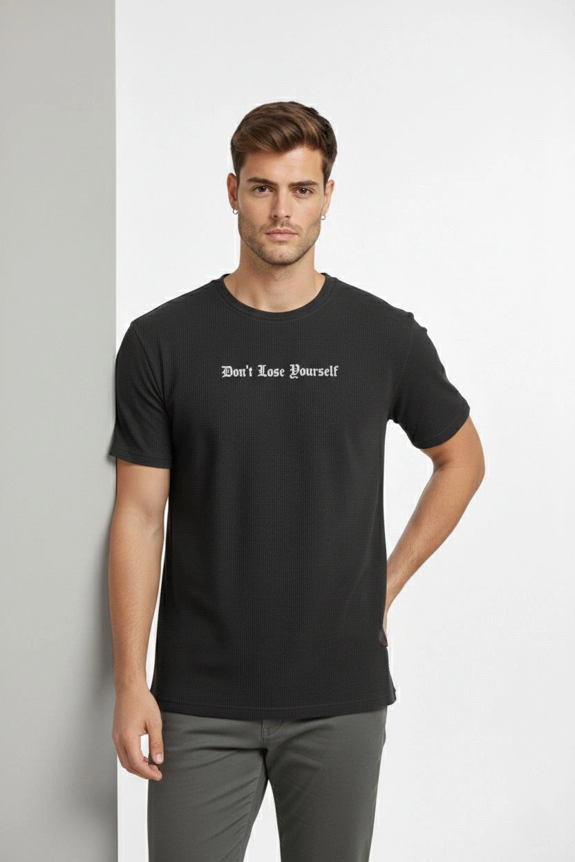 Erkek Wafıl Kumaş Tişört Regular Kalıp Bisiklet Yaka Baskılı T-Shirt - Siyah