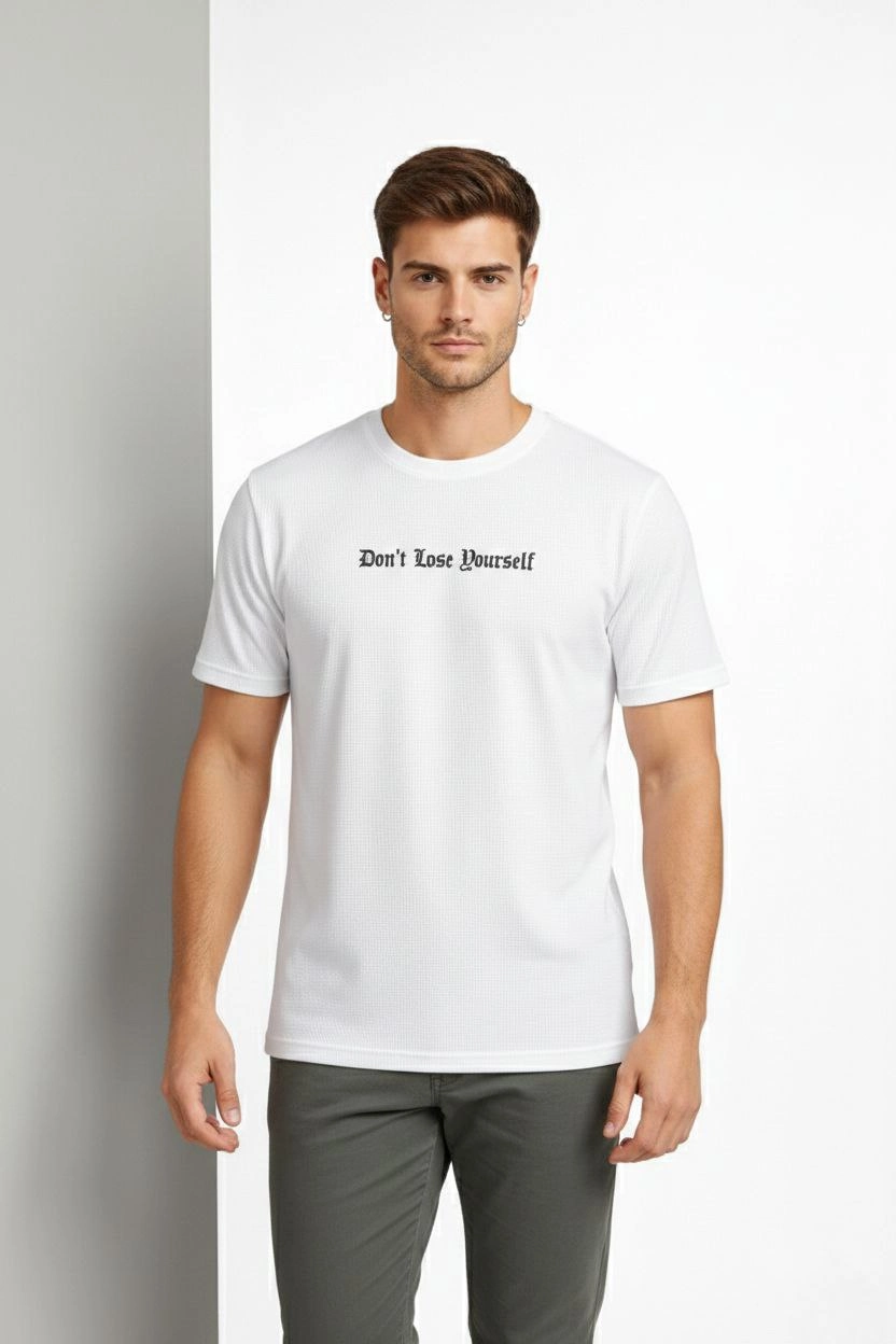 Erkek Wafıl Kumaş Tişört Regular Kalıp Bisiklet Yaka Baskılı T-Shirt - Beyaz