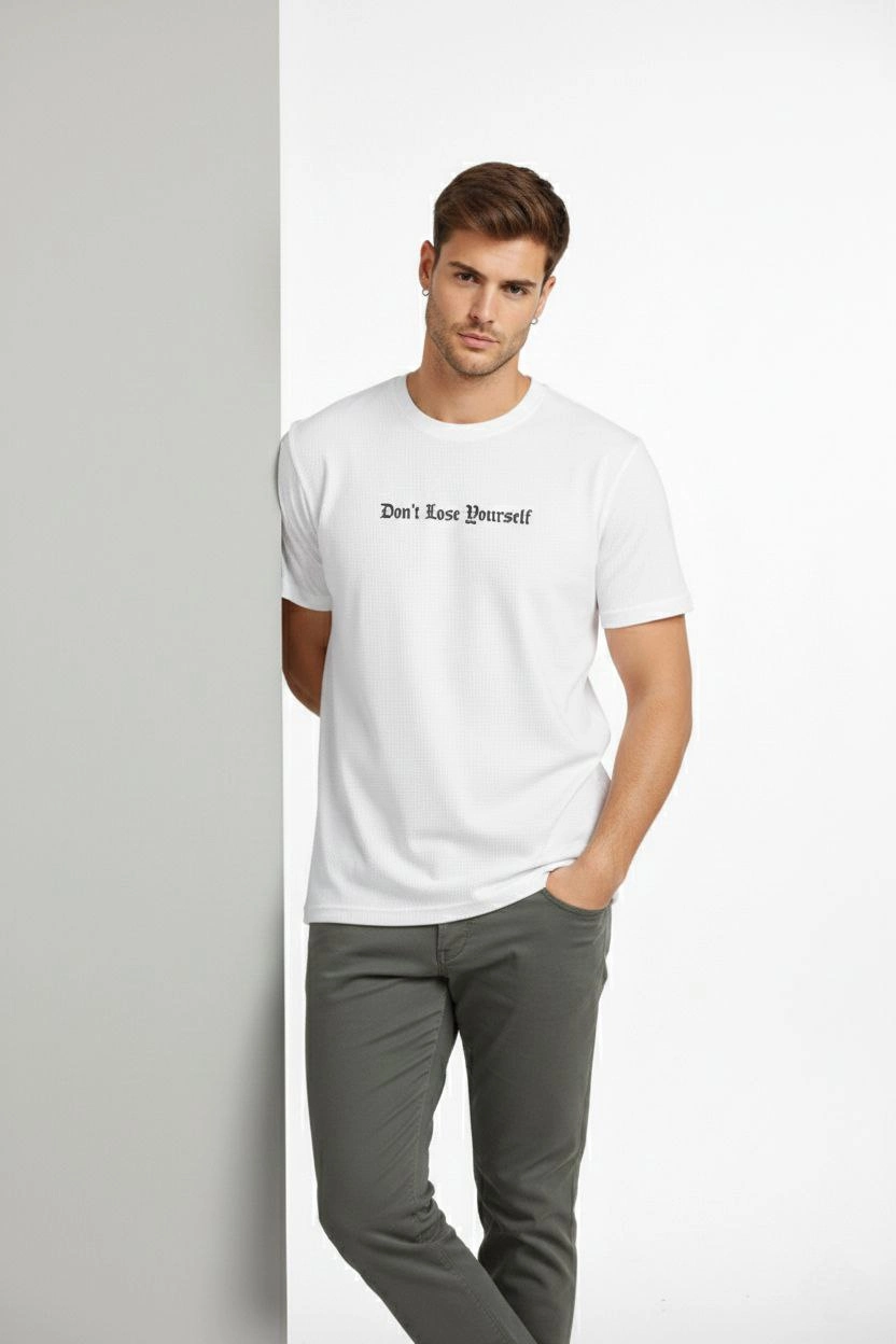 Erkek Wafıl Kumaş Tişört Regular Kalıp Bisiklet Yaka Baskılı T-Shirt - Beyaz
