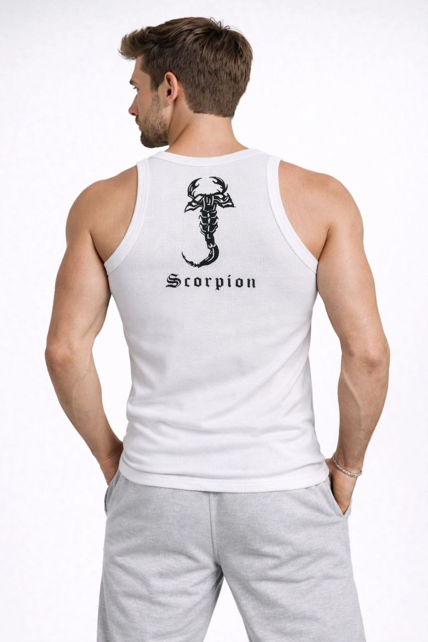Erkek Spor Slimfit Fitilli Kaşkorse Arka Basklı Atlet 2'li Set Siyah-Beyaz