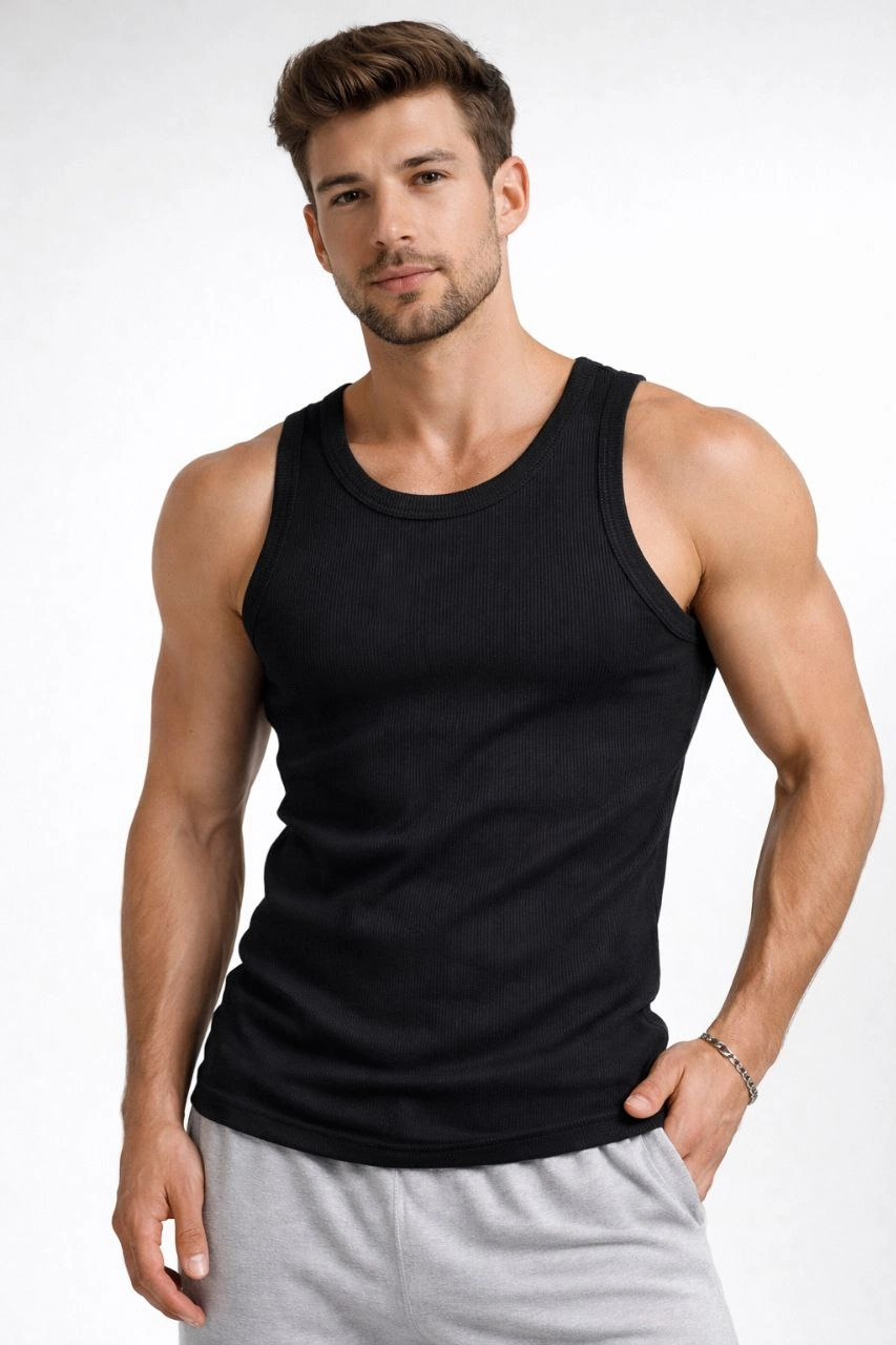 Erkek Spor Slimfit Fitilli Kaşkorse Arka Basklı Atlet 2'li Set Siyah-Beyaz