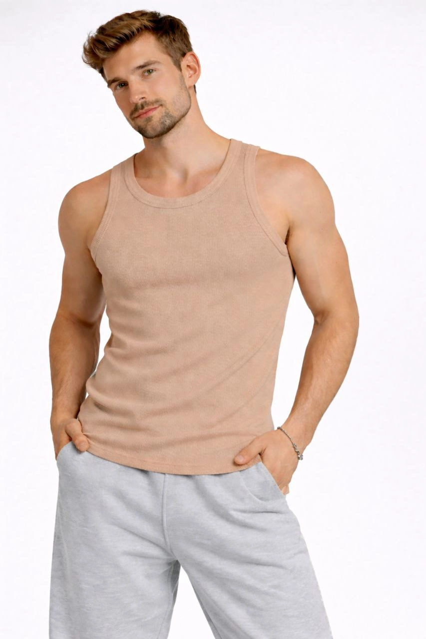 Erkek Spor Slimfit Fitilli Kaşkorse Arka Basklı Atlet 2'li Set Kahverengi-Beyaz