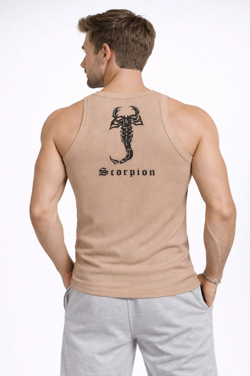 Erkek Spor Slimfit Fitilli Kaşkorse Arka Basklı Atlet 2'li Set Kahverengi-Beyaz
