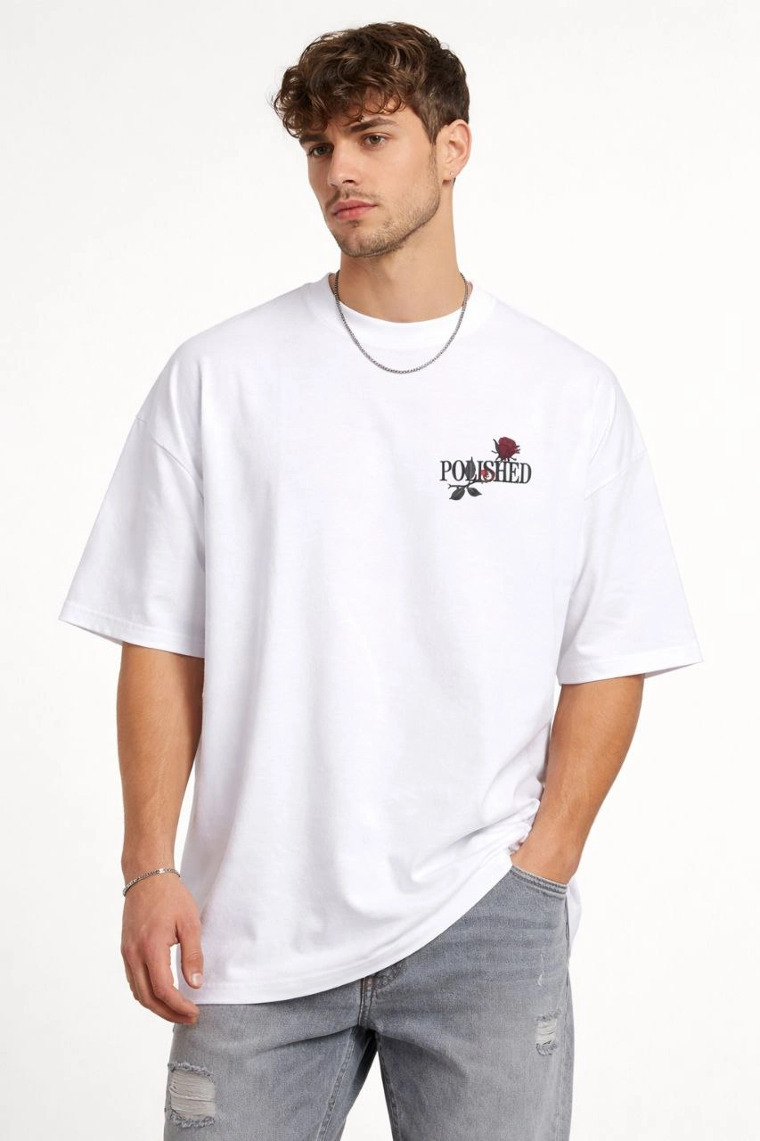 Erkek Kısa Kol Yazlık Tişört Bisiklet Yaka Baskılı Oversize T-Shirt - Beyaz