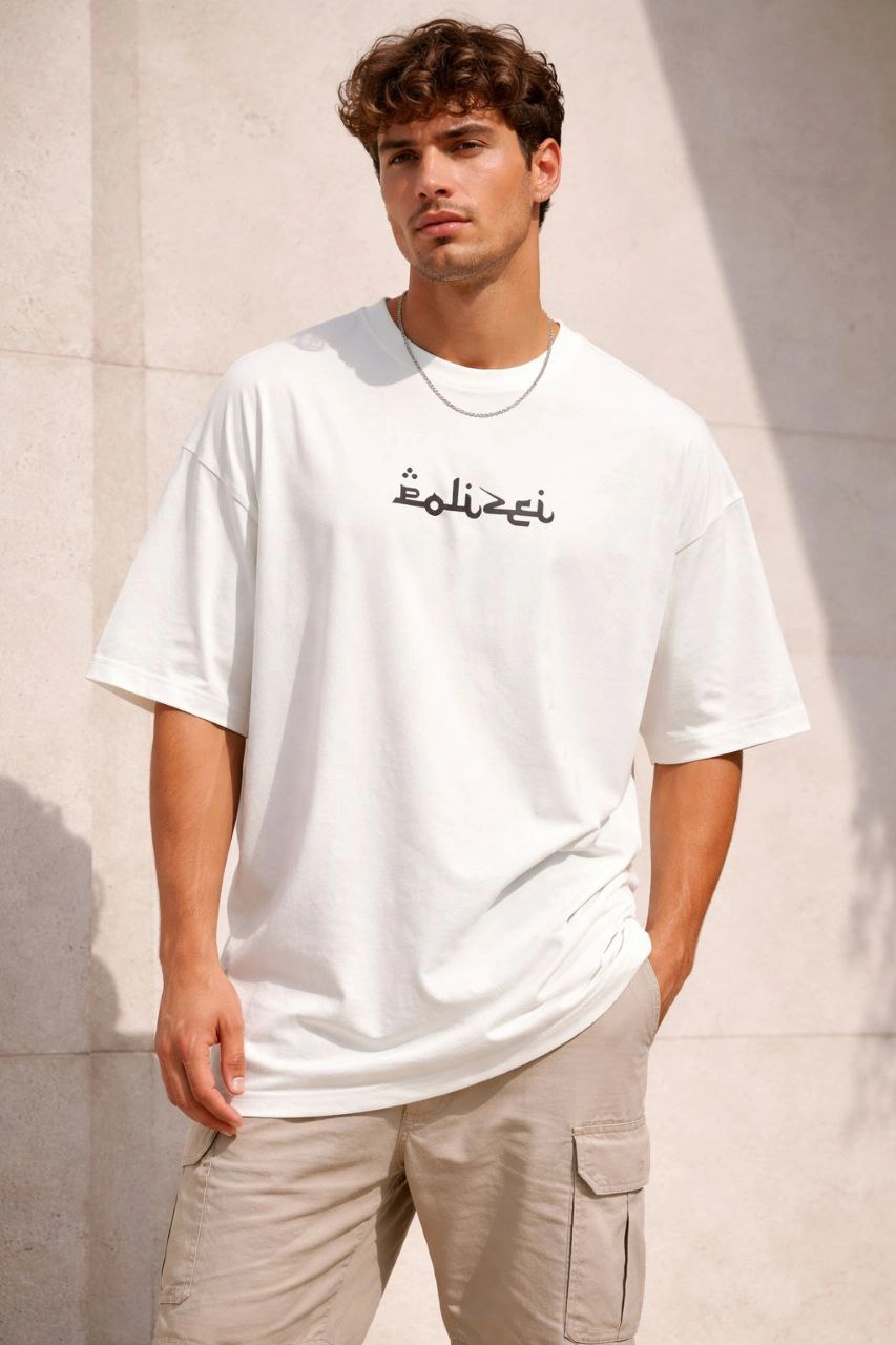 Erkek Kısa Kol Yazlık Tişört Bisiklet Yaka Baskılı Oversize T-Shirt - Beyaz