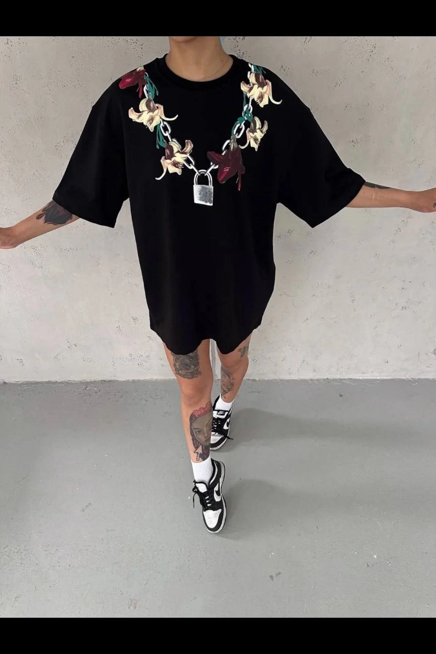 Kadın Kısa Kol Yazlık Tişört Bisiklet Yaka Baskılı Oversize T-Shirt - Siyah