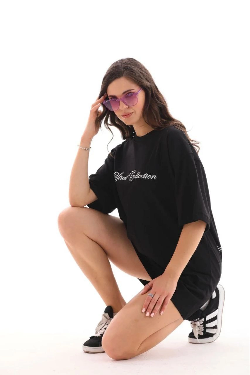 Kadın Kısa Kol Yazlık Tişört Bisiklet Yaka Baskılı Oversize T-Shirt - Siyah