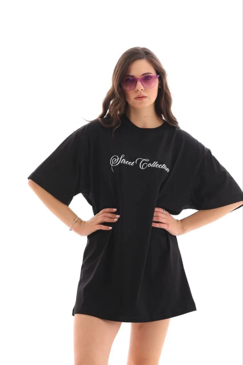 Kadın Kısa Kol Yazlık Tişört Bisiklet Yaka Baskılı Oversize T-Shirt - Siyah