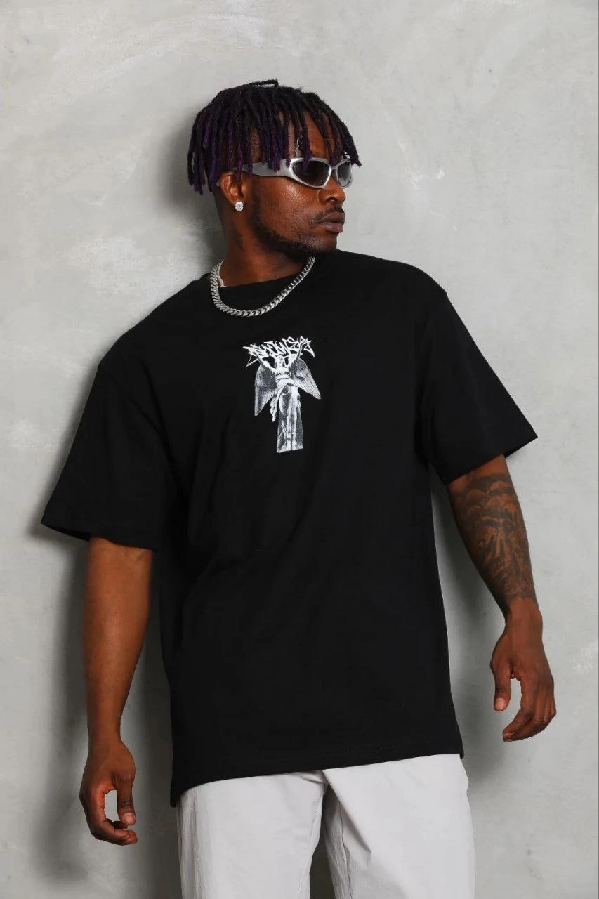 Erkek Baskılı T-Shirt Kısa Kol Bisiklet Yaka Regular Fit Tişört - Siyah