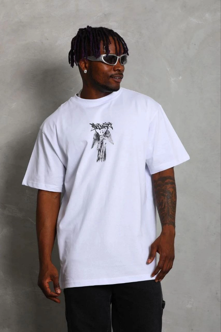 Erkek Baskılı T-Shirt Kısa Kol Bisiklet Yaka Regular Fit Tişört - Beyaz