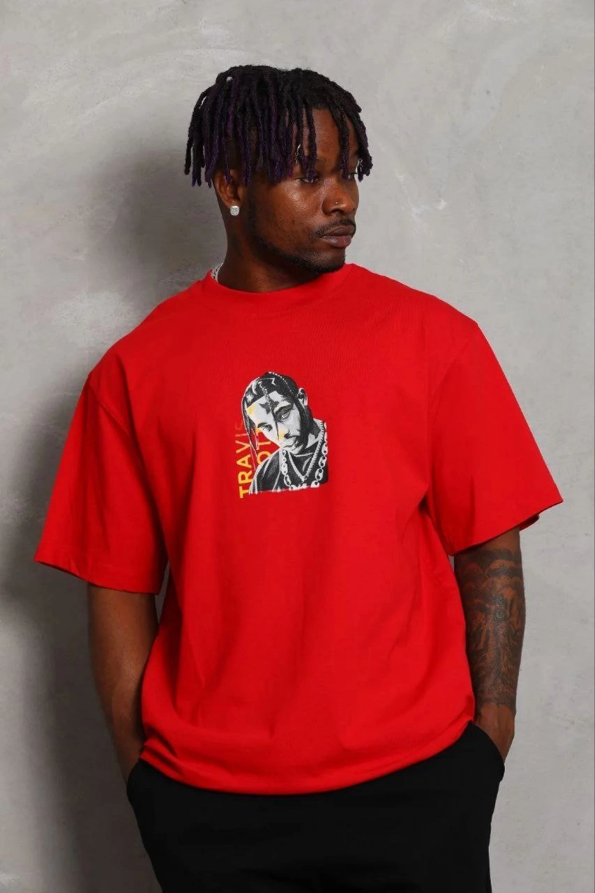 Erkek Baskılı T-Shirt Kısa Kol Bisiklet Yaka Regular Fit Tişört - Kırmızı