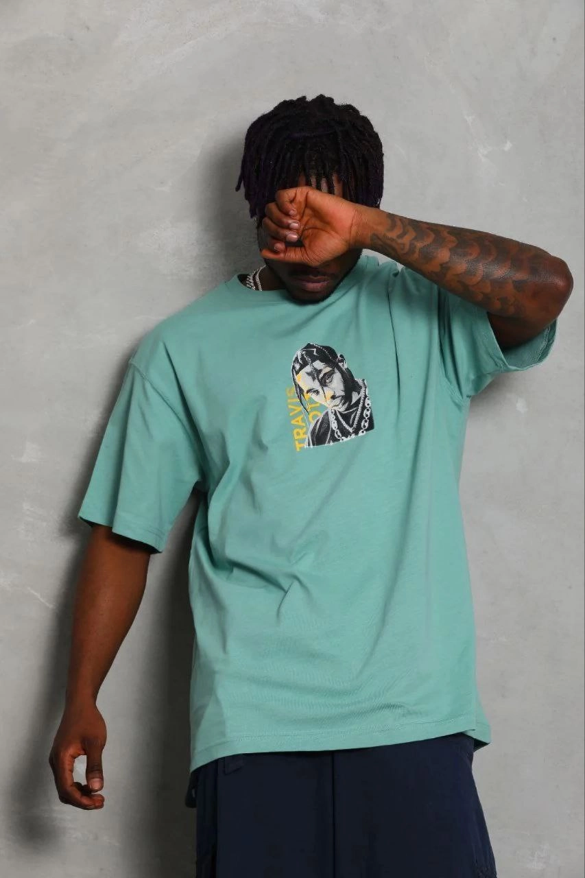 Erkek Baskılı T-Shirt Kısa Kol Bisiklet Yaka Regular Fit Tişört - Mint Yeşili