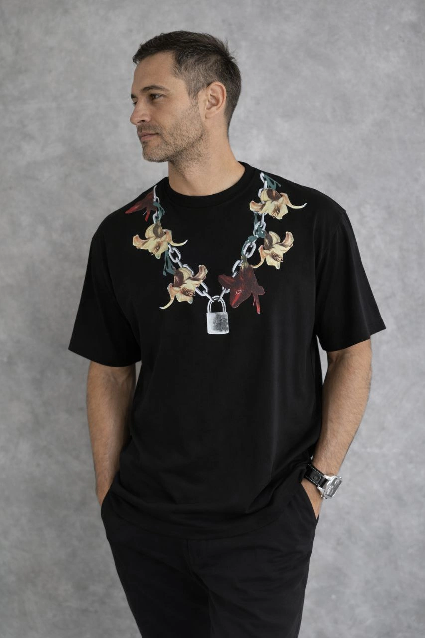 Erkek Baskılı T-Shirt Kısa Kol Bisiklet Yaka Regular Fit Rahat Tişört - Siyah