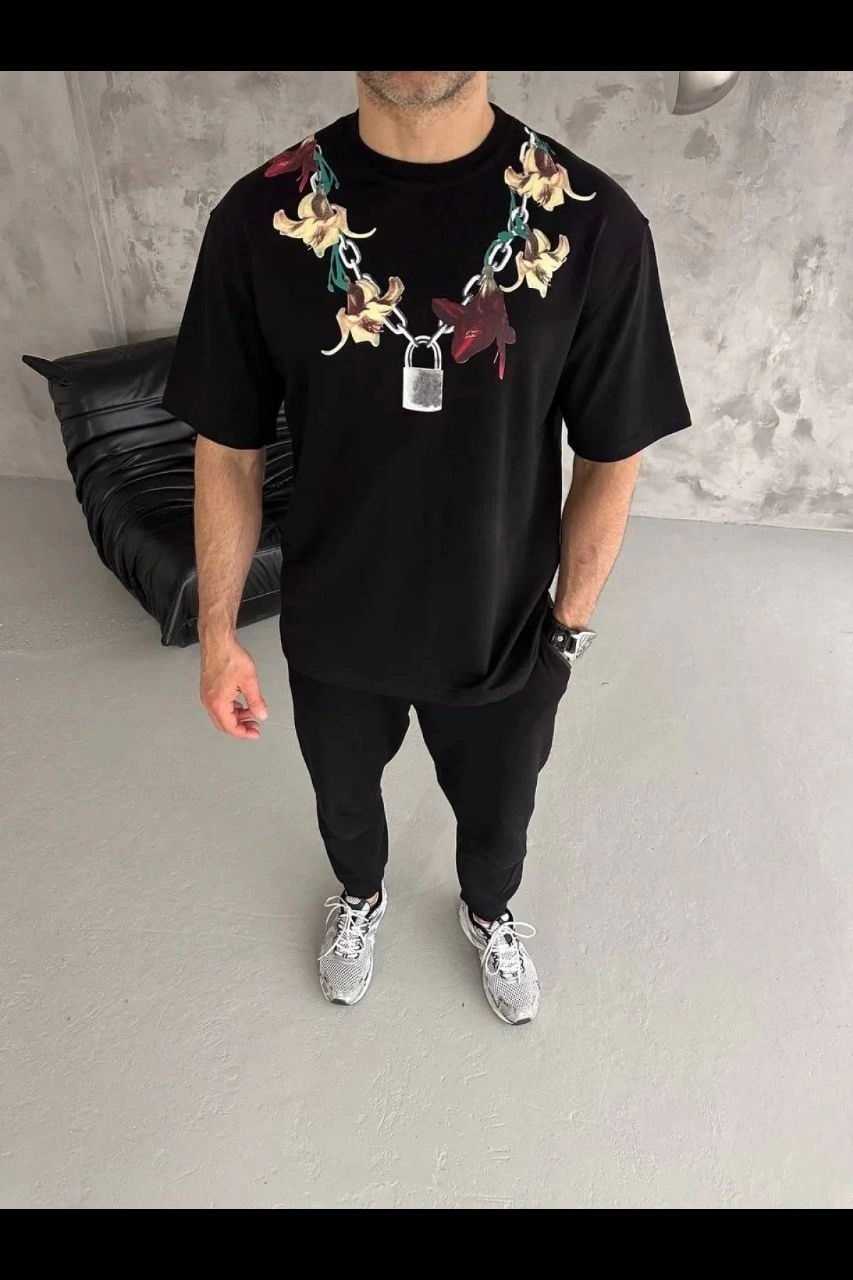 Erkek Baskılı T-Shirt Kısa Kol Bisiklet Yaka Regular Fit Rahat Tişört - Siyah