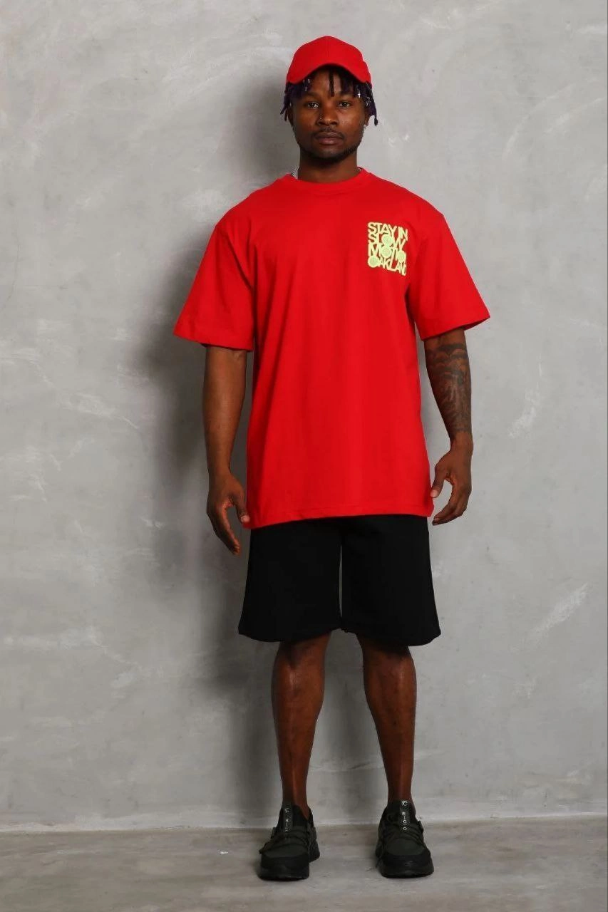 Erkek Baskılı T-Shirt Kısa Kol Bisiklet Yaka Regular Fit Tişört - Kırmızı