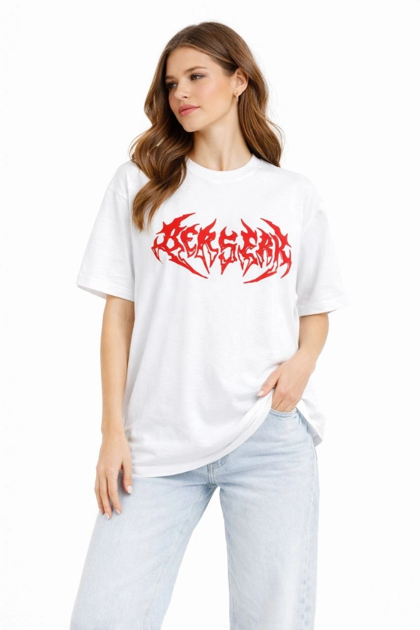 Kadın Kısa Kol Yazlık Tişört Bisiklet Yaka Baskılı Oversize T-Shirt - Beyaz