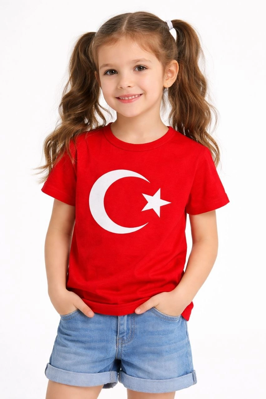 Kız Çocuk Tişört Bisiklet Yaka Ay Yıldız Bayrak Baskılı T-Shirt - Kırmızı
