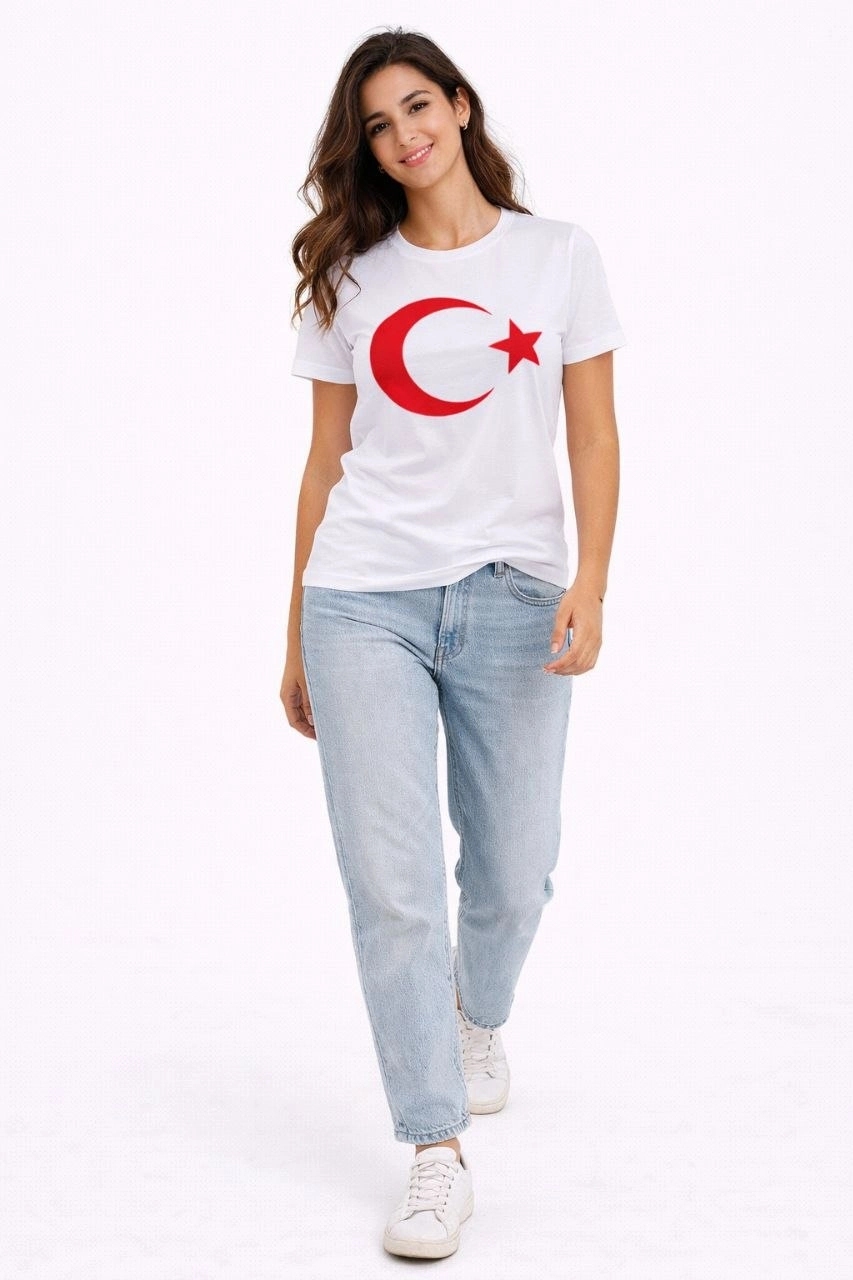 Kadın T-Shirt Kısa Kol Bisiklet Yaka Ay Yıldız Bayrak Baskılı Tişört - Beyaz