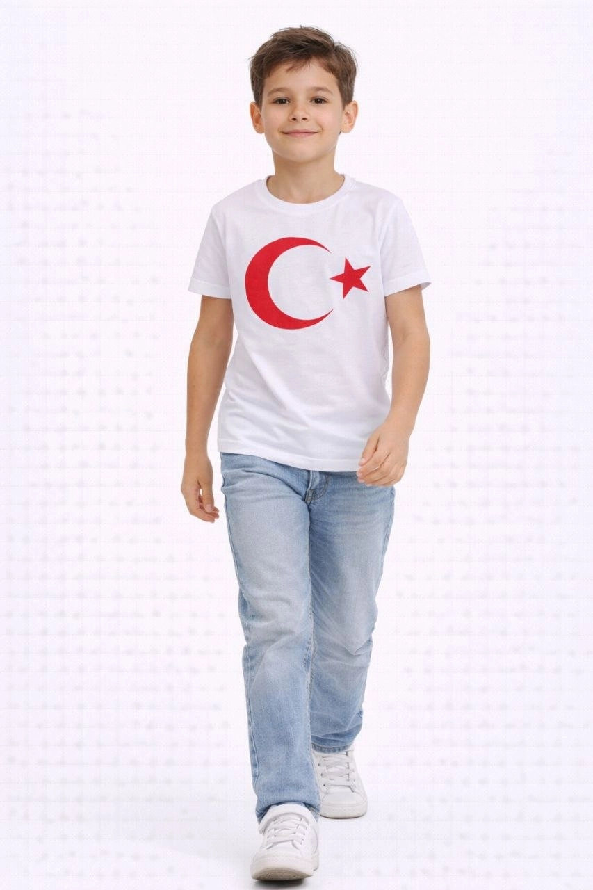 Erkek Çocuk Tişört Bisiklet Yaka Ay Yıldız Bayrak Baskılı T-Shirt - Beyaz