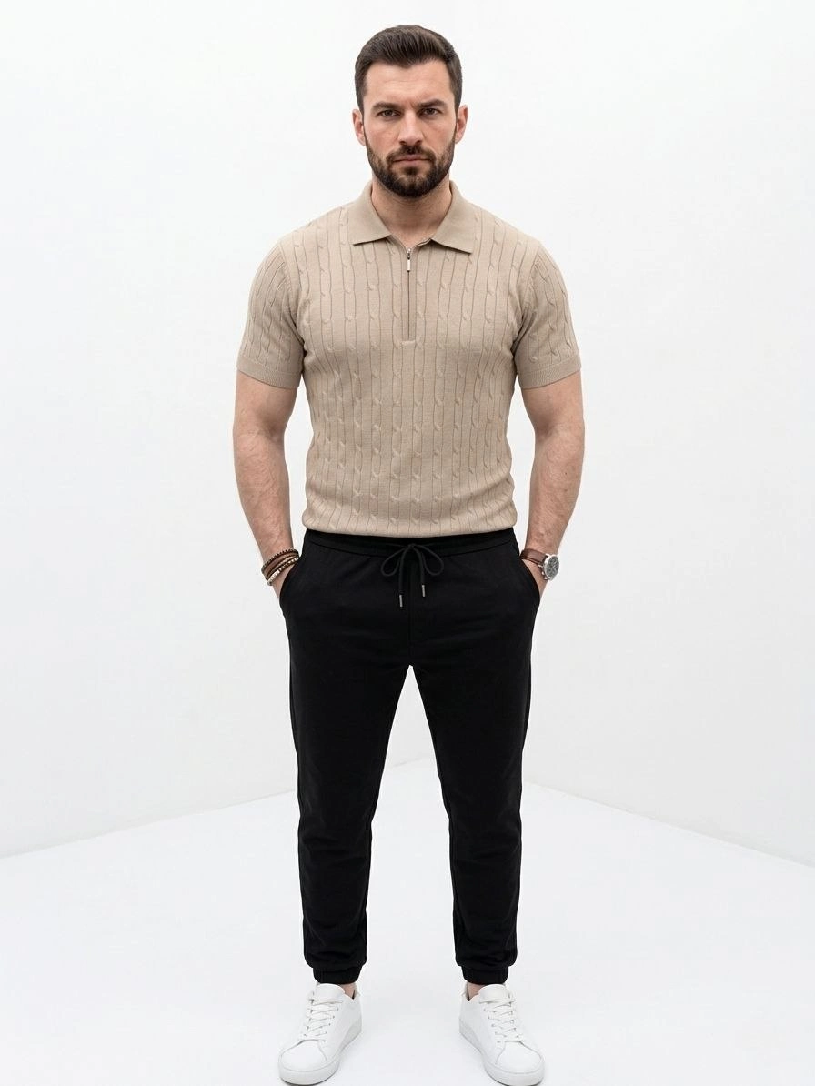 Erkek Yazlık Triko Saç Örgü Tişört Kısa Kol Polo Yaka Fermuarlı T-Shirt - Bej