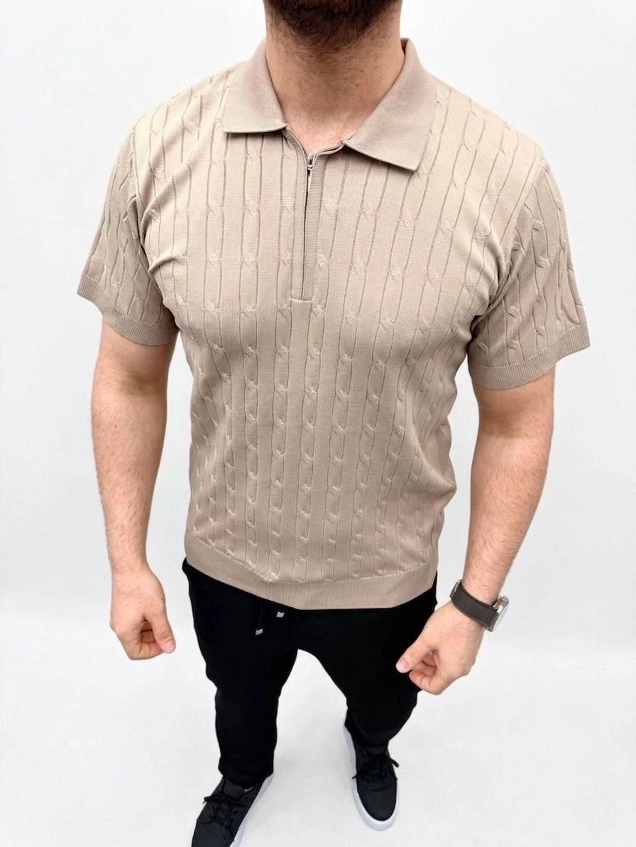 Erkek Yazlık Triko Saç Örgü Tişört Kısa Kol Polo Yaka Fermuarlı T-Shirt - Bej