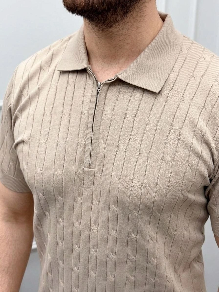 Erkek Yazlık Triko Saç Örgü Tişört Kısa Kol Polo Yaka Fermuarlı T-Shirt - Bej