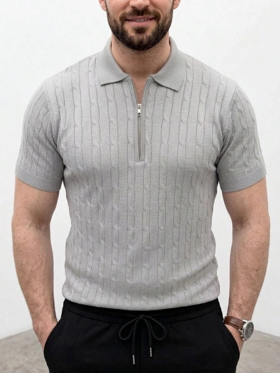 Erkek Yazlık Triko Saç Örgü Tişört Kısa Kol Polo Yaka Fermuarlı T-Shirt - Gri