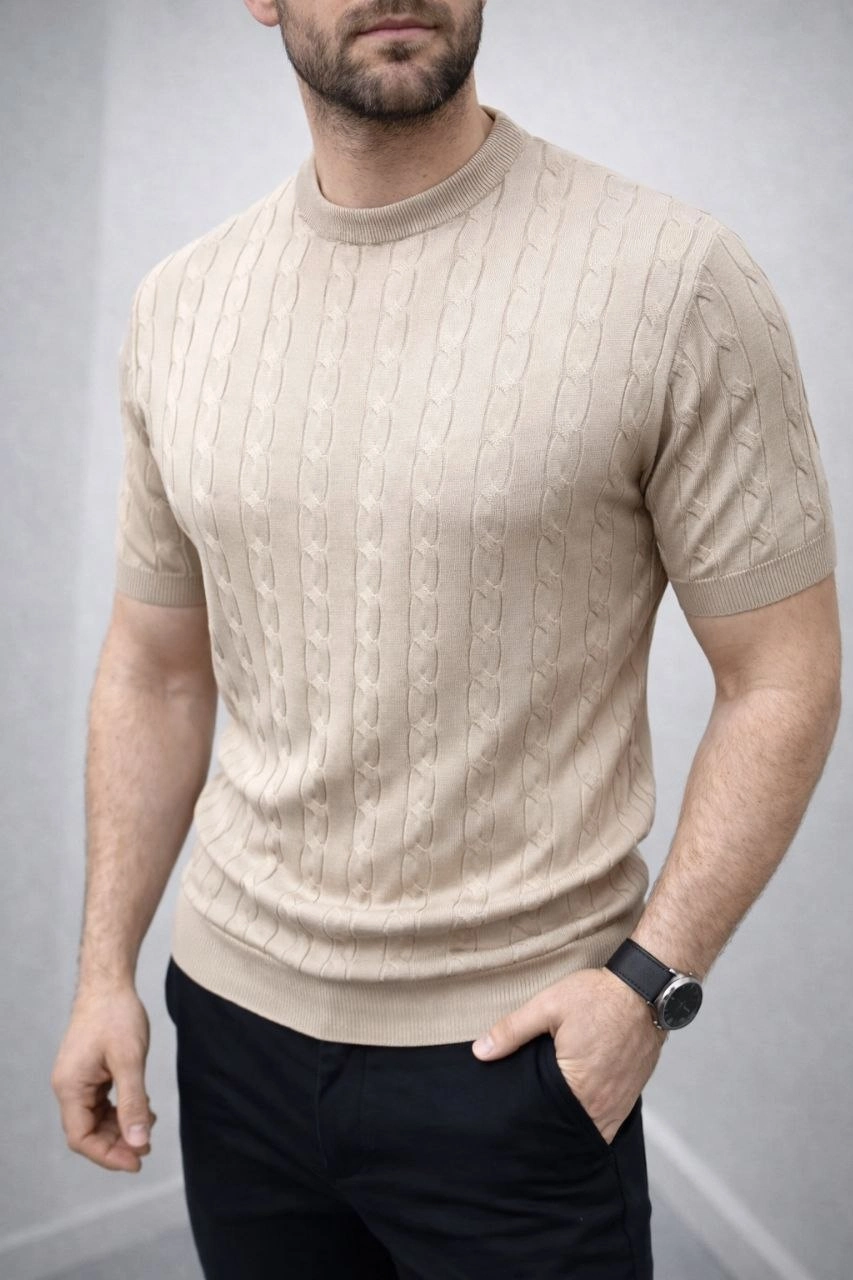 Erkek Yazlık Triko Dokuma Tişört Kısa Kol Bisiklet Yaka Örgü Desenli T-Shirt - Bej
