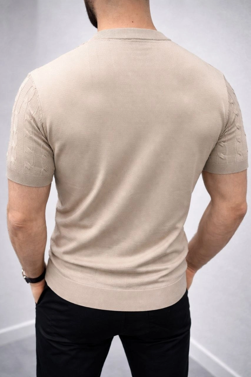 Erkek Yazlık Triko Dokuma Tişört Kısa Kol Bisiklet Yaka Örgü Desenli T-Shirt - Bej