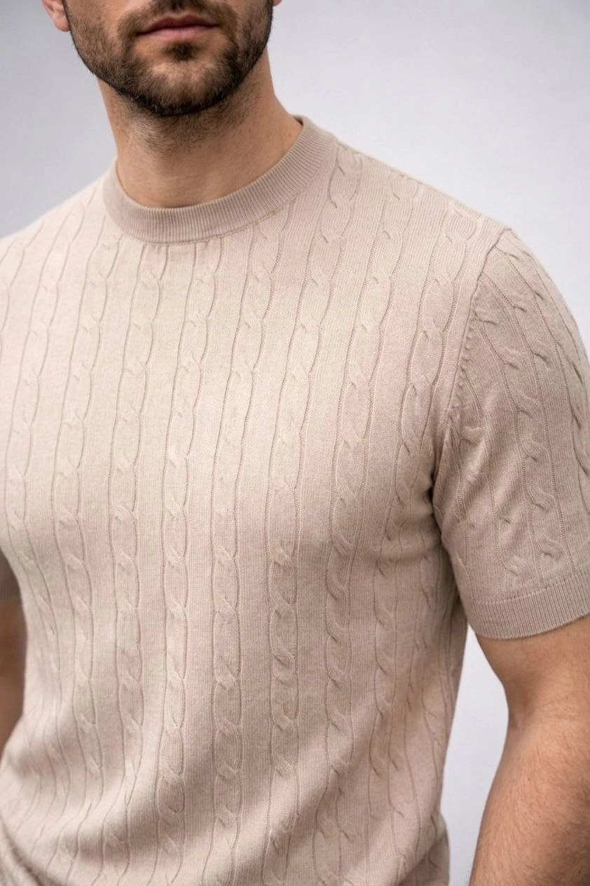 Erkek Yazlık Triko Dokuma Tişört Kısa Kol Bisiklet Yaka Örgü Desenli T-Shirt - Bej