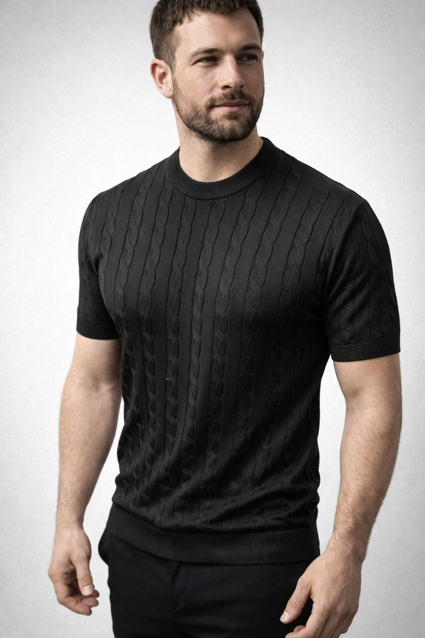 Erkek Yazlık Triko Dokuma Tişört Kısa Kol Bisiklet Yaka Örgü Desenli T-Shirt - Siyah