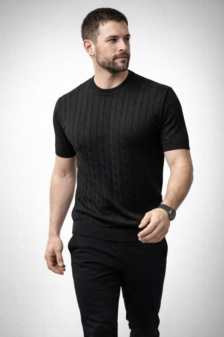 Erkek Yazlık Triko Dokuma Tişört Kısa Kol Bisiklet Yaka Örgü Desenli T-Shirt - Siyah